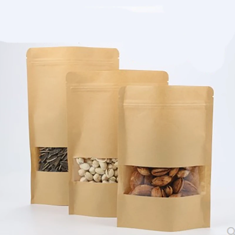 

Плоский пакет из крафт-бумаги с прозрачным окном для хранения еды, орехов, арахиса, кухонный дом, влагостойкие маслостойкие пакеты для риса