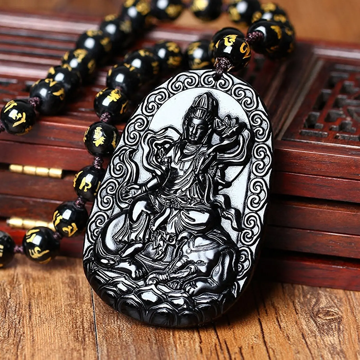Ювелирные изделия Koraba из натурального обсидиана Samantabhadra Kwan Yin Bodhisattva подвеска