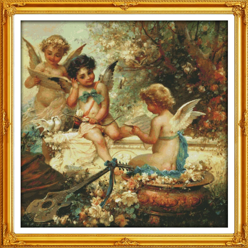 

Cherubs in the garden Counted 11CT Printed 14CT DMC Cross Stitch Set DIY Chinese Cotton Cross-stitch Kit Embroidery Needlework