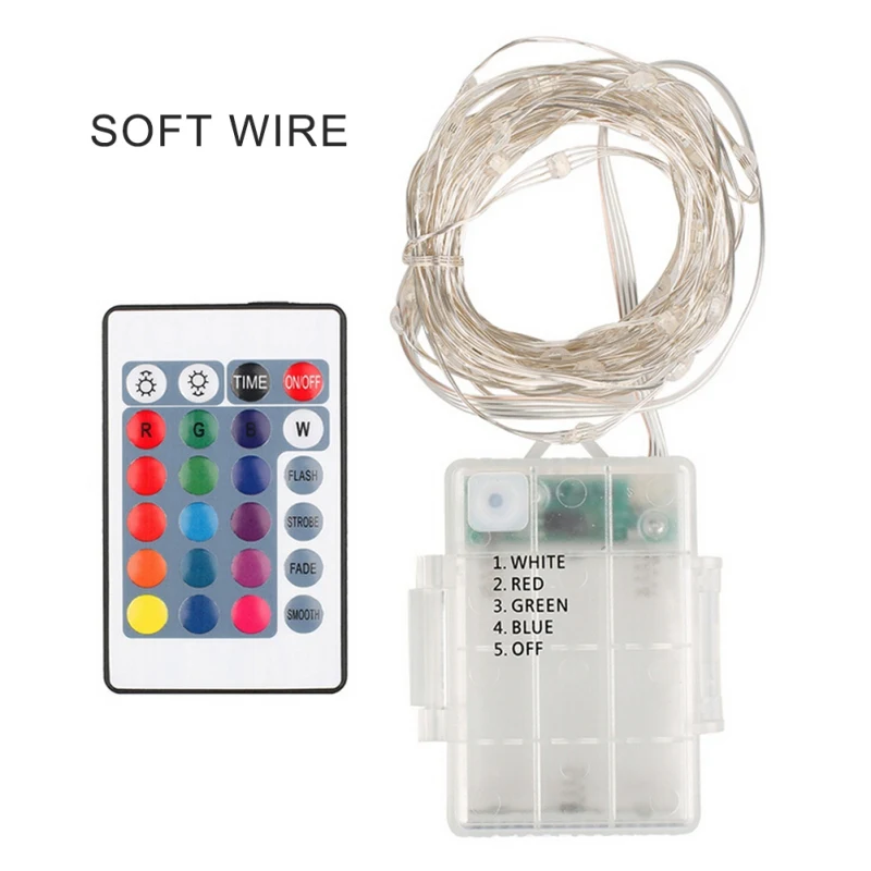 Soft wire 16.4ft 50 светодиодов гирляндой Батарея питание Multi Цвет изменение гирлянды с 24 кнопок пульта дистанционного управления, Управление и Водонепроницаемый Батарея - Испускаемый цвет: Soft wire