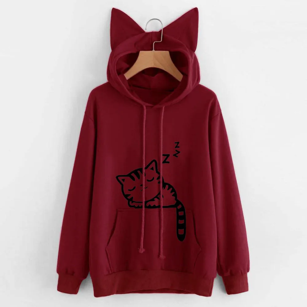 Harajuku Women Hoodies Sweatshirt Kawaii Winter Cat Pattern Long Sleeve Hooded Sweatshirts Ear Hooed Mujer