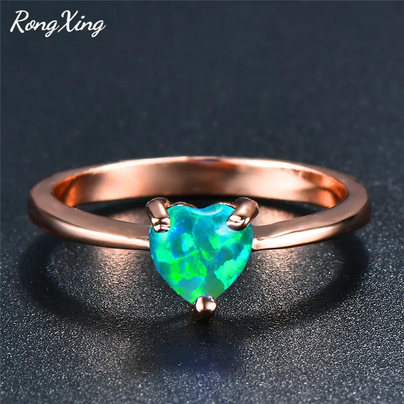 RongXing Green Fire Opal Heart Rings For Women Rose Gold Filled Rainbow Birthstone Wedding Bands Minimalist Jewelry Gifts RR0091 | Украшения
