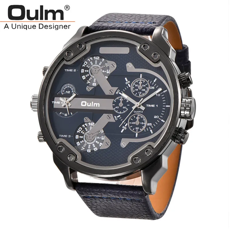 

Oulm Design Origin Brand Large Big Dial Unique Men Watches Male Quartz Wristwatch Two Time Zone Luxury Brand Big Men's Watch