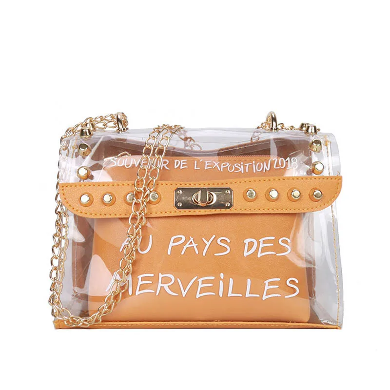 Модная женская сумка прозрачная через плечо композитная из ПВХ на цепочке