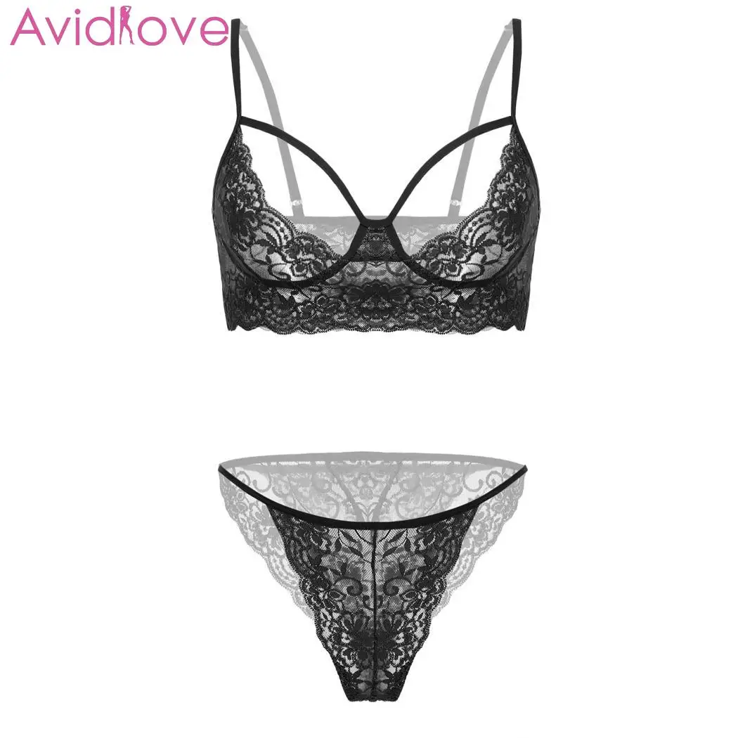 Avidlove, женский сексуальный комплект нижнего белья, секс шоп, Прозрачное Бикини, экзотическое боди, 2 бюстгальтера, прозрачная чашка, открытые кружевные трусы - Цвет: Black