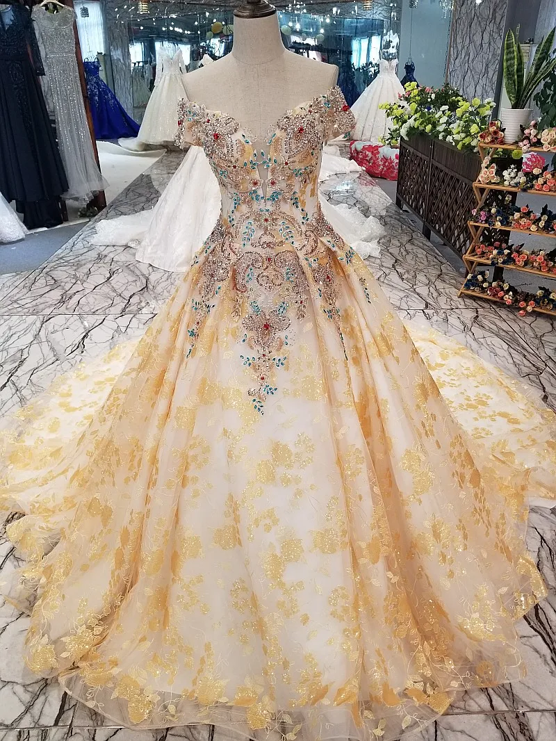 Aolanes 2018 Gold Lace Sweetheart Wedding Dresses Royal Train China Bridal Gown Backless Off The Shoulder Vestido De Noiva | Свадьбы и