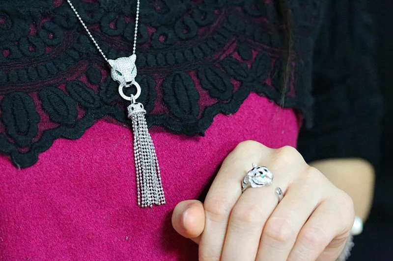 

Luxury 925 Sterling Silver Green Crystal Zircon Leopard Finger Ring Animal Tassel Collar Necklace Women Wedding Jewelry Set