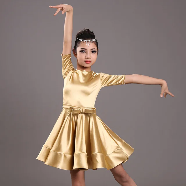 Gold Short Sleeve Профессиональное детское платье для латинских танцев, платье для девочек, подростковое платье для латинских танцев, танцевальные костюмы фламенко из молочного шелка, бальное платье для танцев - Цвет: Gold Short Sleeve
