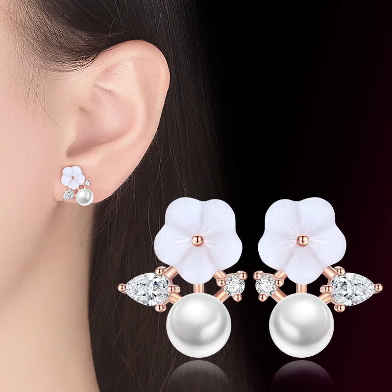 

Wholesale 925 sterling silver pearl crystal rose flower ladies stud earrings jewelry women birthday gift Anti allergy