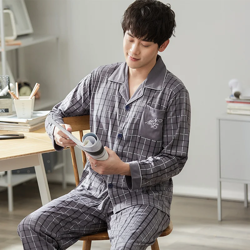 

Spring 100%Cotton Striped Men's Pajama Sets Mens Sleepwear Long Sleeve Turn-down Collar Cardign Soft Men Pajamas Plus Size L-3XL