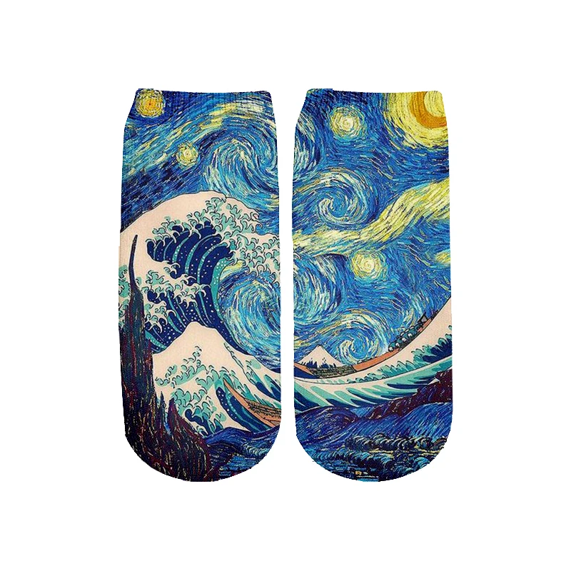 

PLstar Cosmos art Japan Kanagawa Offshore surf Socks Summer Fashion 3D Cotton Socks Colorful Warm Short Ankle Socks women socks