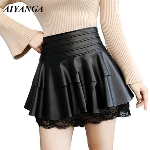 Женская юбка из искусственной кожи, черная мини-юбка с высокой талией и кружевом, в Корейском стиле, Осень-зима 2021