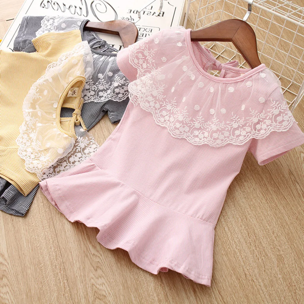 Toddler Kids Baby Girls Clothes Peter Pan Collar O Neck Short Sleeve Stripe Lace Party Princess Dresses Cotton Newborn Costume | Детская