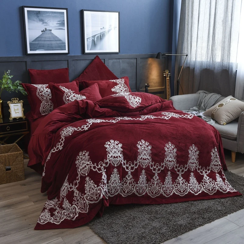 Red Wine Luxury Royal Embroidery Winter Thick Velvet Flannel Bedding Set Fleece Fabric Duvet Cover Bed Linen/sheet Pillowcases | Дом и сад