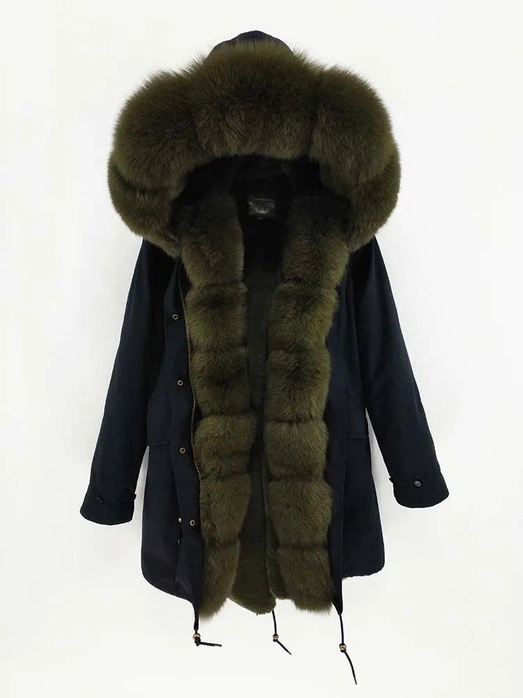 green fur Непромокаемая Длинная зимняя парка Куртка женская Меховое пальто Воротник мех лисы Теплая уличная мода новая - Цвет: green fur