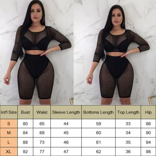  New Womens Ladies Long Sleeve See Through Gauze 2Pcs Crop Top Shorts Set | Тематическая одежда и униформа
