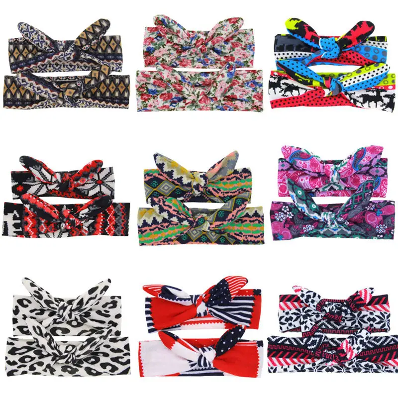 Nishine 10sets/lot Mom Rabbit Ears Hair Ornaments Tie Bow Headband Hair Hoop Stretch Knot Bow Cotton Headbands Hair Accessories