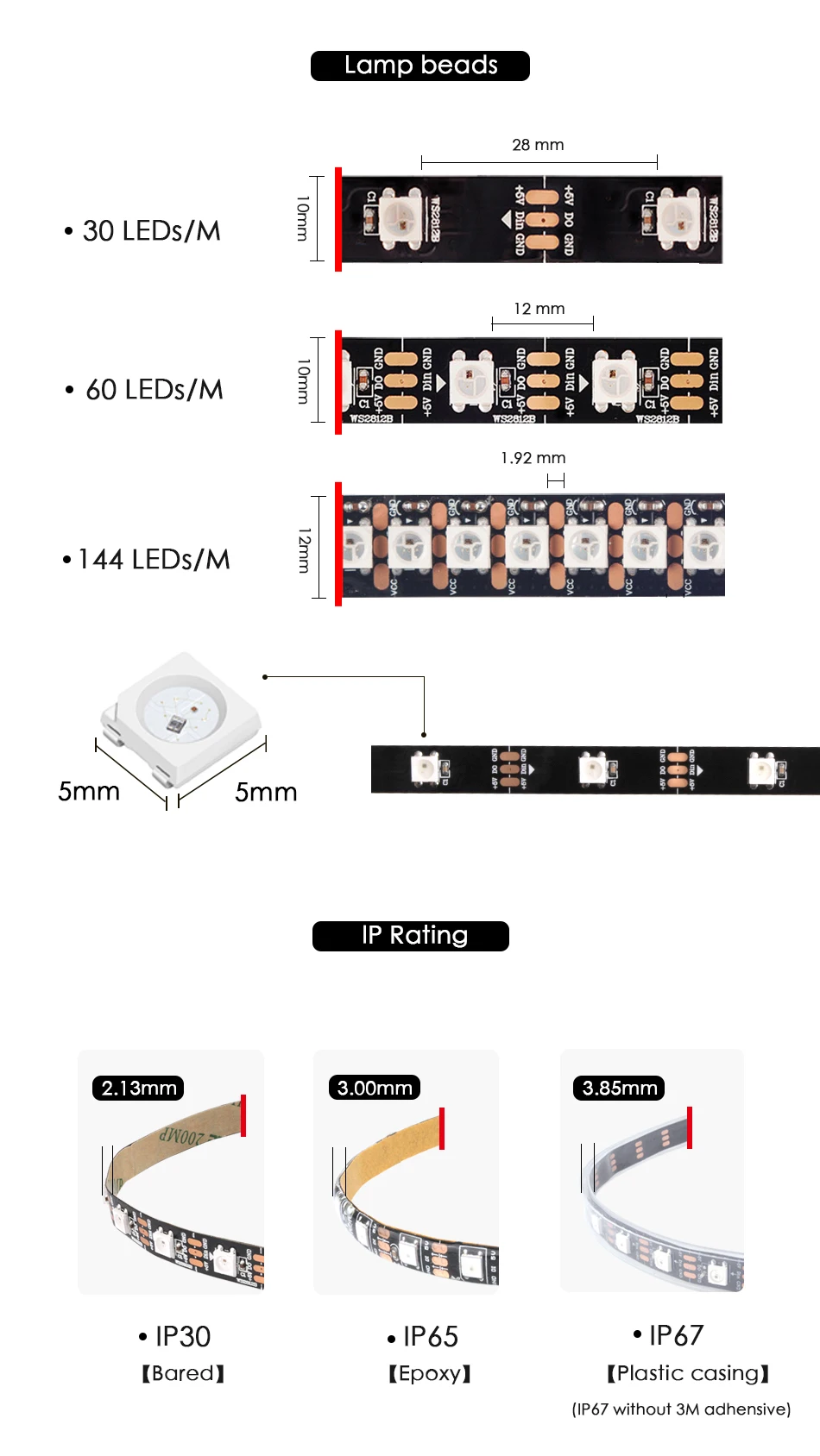 WS2812B DC 5 В Светодиодная лента RGB 50 см 1 м 2 м 3 м 4 м 5 м 30/144 светодиодный s умный адресуемый пиксель чёрно-белые печатные платы WS2812 IC 17Key Bar