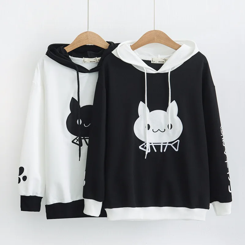 

2020 Autumn Fashion Hoodies Pullover Japanese Kawaii Cat Words Women Sweetshirts Harajuku Kawaii Female Black White Sweatshirt
