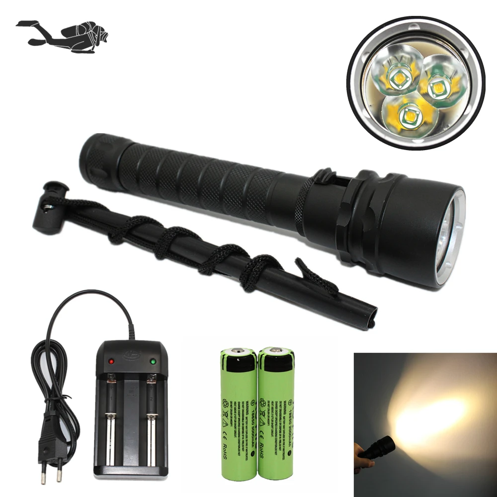 Waterproof Diving light Diving flashlight 3x T6 Yellow light LED Underwater hunting lanterna + 18650 Battery + Charger