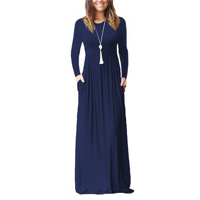 6888 Dark blue Осень Новые однотонные женские длинные платья с длинным рукавом и круглым вырезом повседневные облегающие вечерние платья макси женские уличные платья - Цвет: 6888 Dark blue