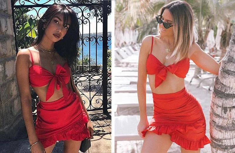 Лето 2019 дамы морской праздник ветер красный сексуальный однотонный пояс с двумя