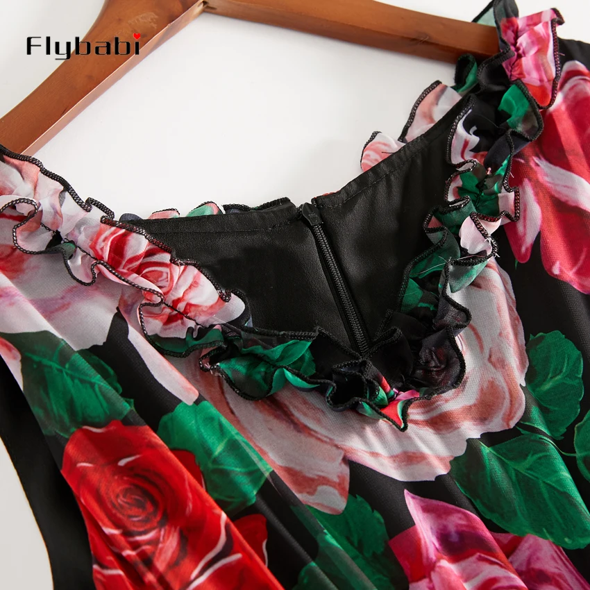 

V-Neck Cascading Ruffle 2019 Summer Dress Women Sleeveless Elegant Holiday rose Print Floor-Length maxi Long BOHO party Dress