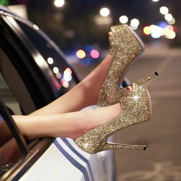 

Big Size 10 Bling Bling Gold Glitter Embellished High Heel Shoes Peep Toe Platform Pumps For Women Slip-on Party Dress Shoes