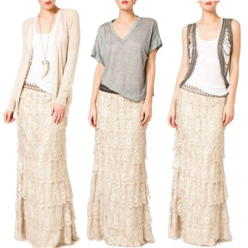 New2018 Women Double Lace Layer Chiffon Pleated Long Maxi skirt Elastic Waist Skirt | Женская одежда