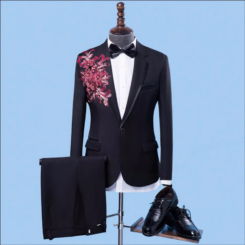 

2021 New Slim Men Embroidery Applique Suit Show Host Ceremonial Dress Slim Groom Groomsmen Wedding Suits Dress Singer Costumes