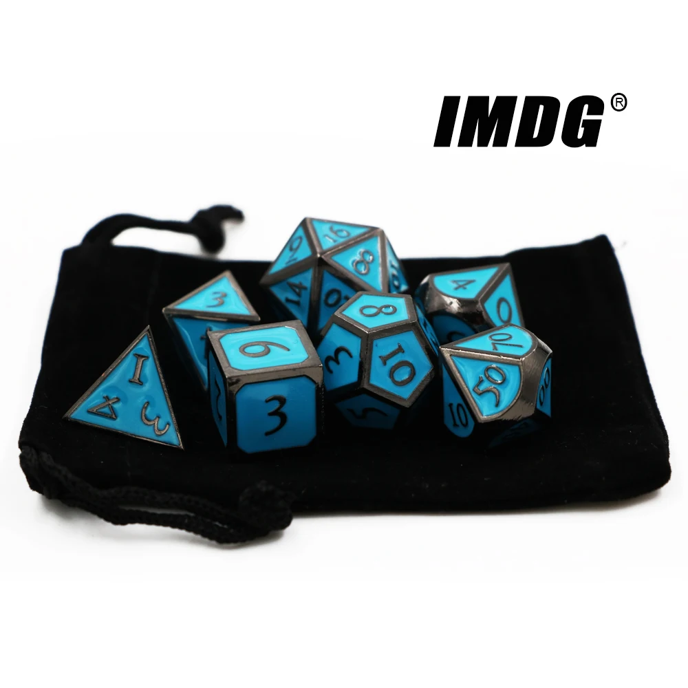 

IMDG 7pcs/set Creative RPG Game Dice Polyhedron Metal Dice DND New Enamel Nickel Blue Digital Game Dice