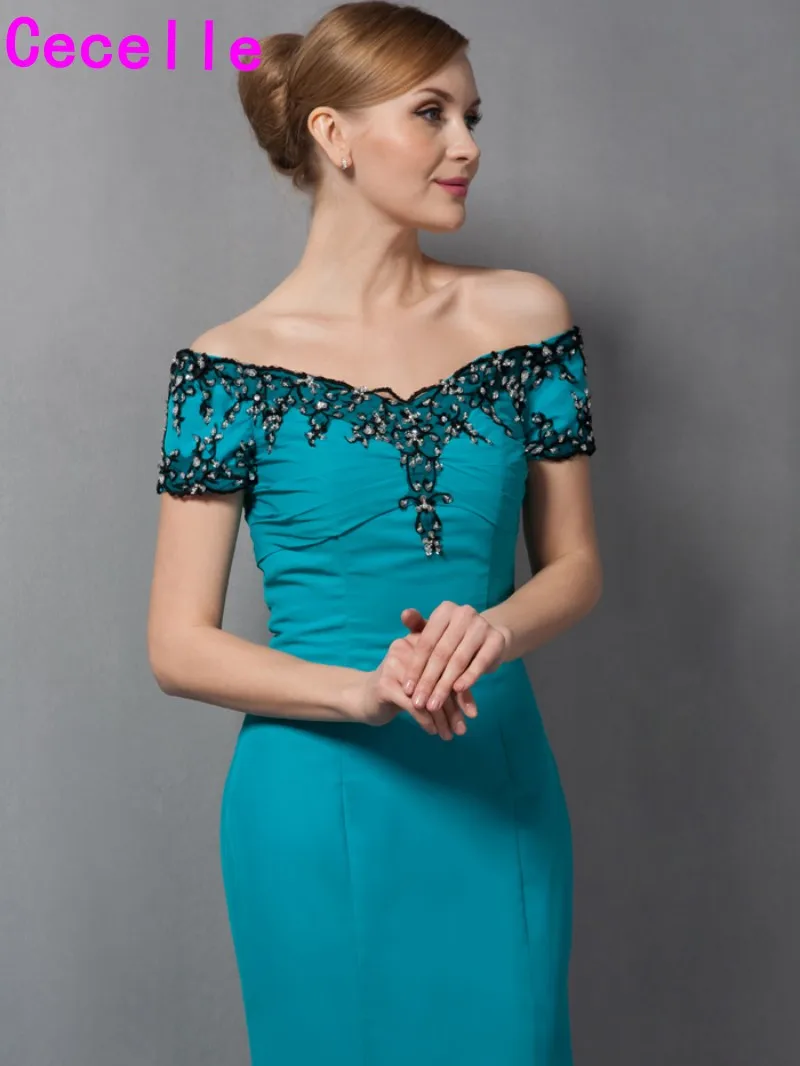 Teal Long Mermaid Floor Length Off Shoulder Chiffon Mother Of Bride Dresses With Short Sleeves Mother's Elegant Formal | Свадьбы и