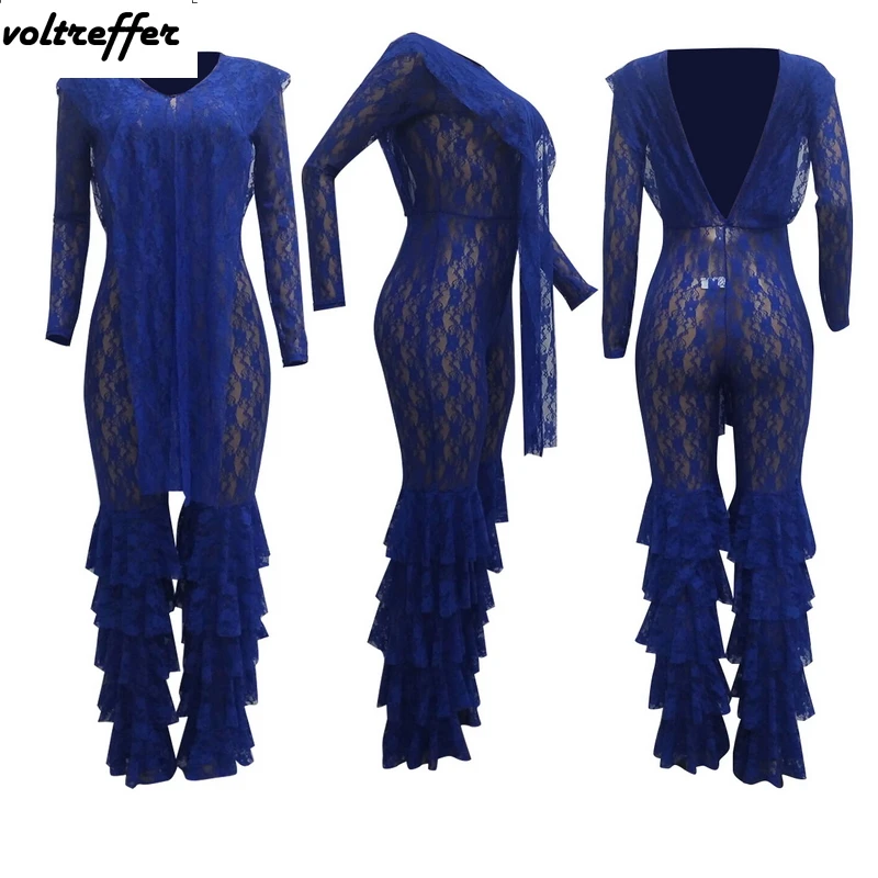 2019 Spring V Neck Lace Jumpsuits For Women Ruffles Bell Bottom Pants Crochet Sheer Backless Rompers Sexy Lantern Mono Mujer | Женская