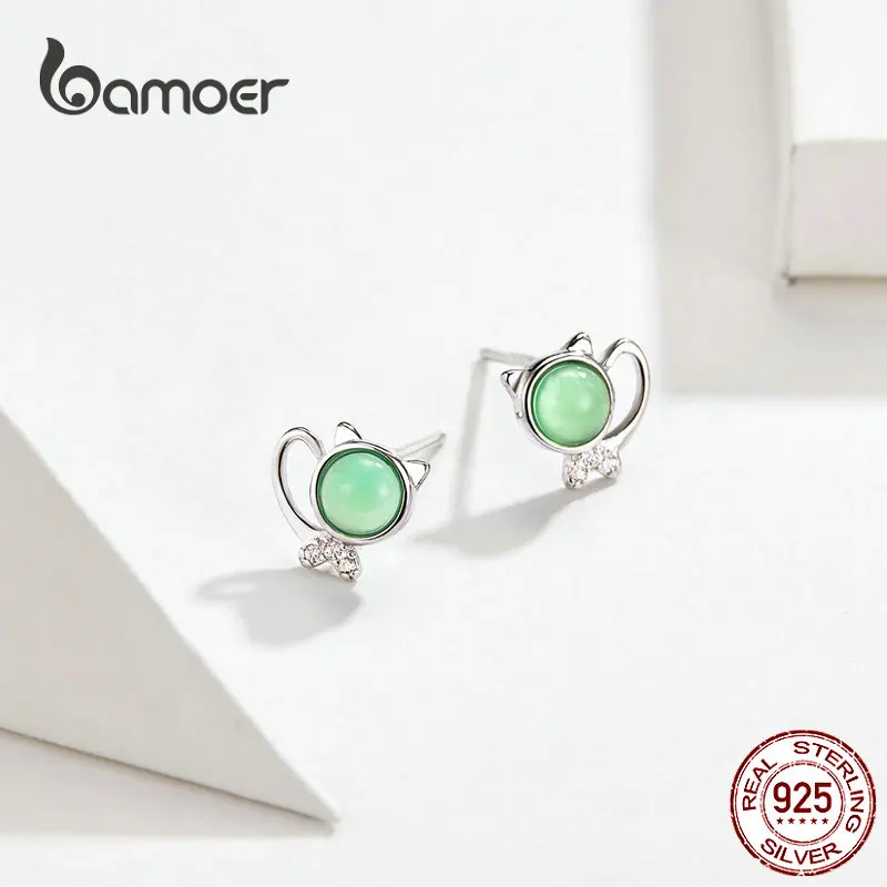 Bamoer, серьги с котом для девочек, подарки, трава, зеленый камень, кошечка, шпилька, Настоящее серебро, 925, не вызывает аллергии, модное ювелирное изделие SCE653
