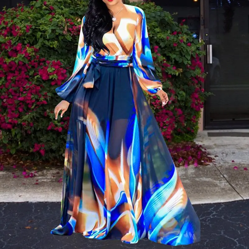 Сексуальное шифоновое макси-платье большого размера с цветным принтом женские