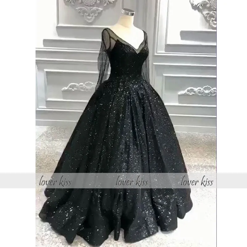 

Lover Kiss vestido de novia Stunning Gothic Wedding Dresses Black Long Sleeves Shiny Bodice V Neck Bridal Gowns Corset Back 2021