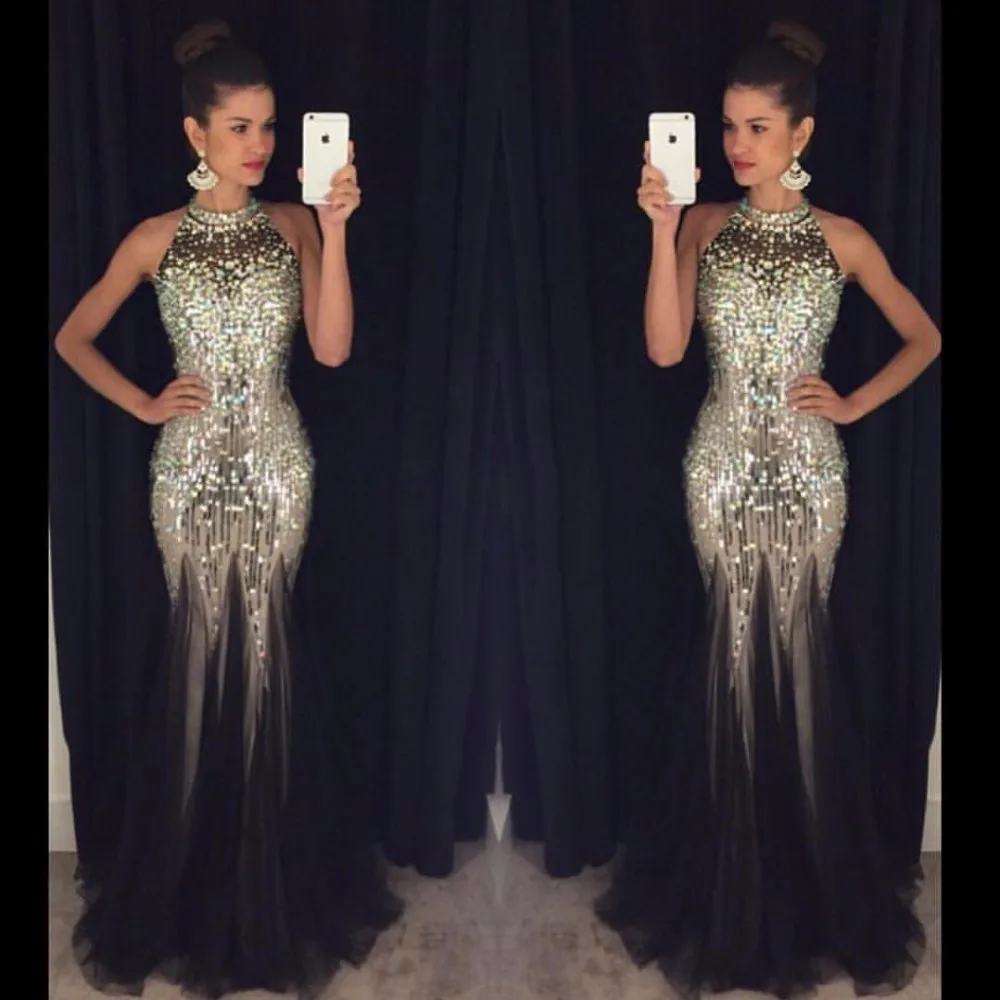 Мода роскошный черный вечерние dress 2016 холтер бисером кристалл тюль женщины pagenat