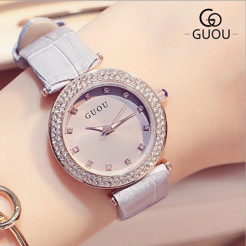 GUOU Роскошные брендовые наручные часы с бриллиантами и стразами женские кожаным
