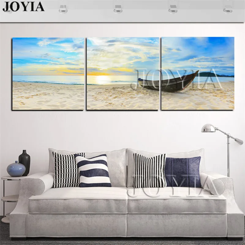Пляжные пески холст картины лодки живопись рассвет на море утро морской Wall Art Для Декор в гостиную 3 шт./компл. без рамки