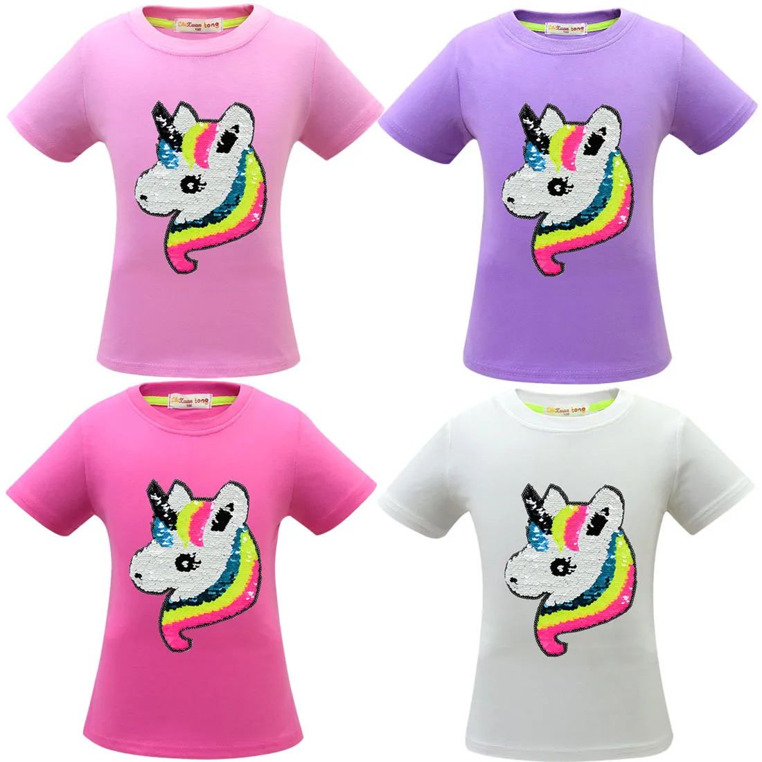 100% cotton Toddler Kids 2019 New Girls Unicorn Clothing Tops Summer Short sleeve Double-sided sequins T-shirt Clothes | Мать и ребенок