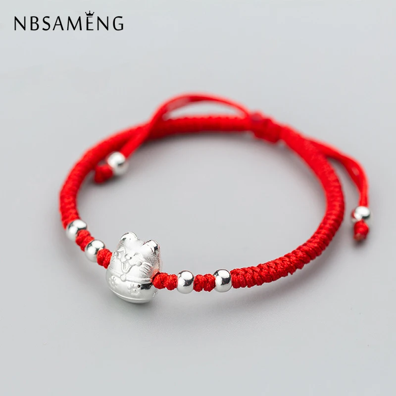 NBSAMENG 925 стерлингового серебра Lucky бусины кошка красный веревочный браслет для