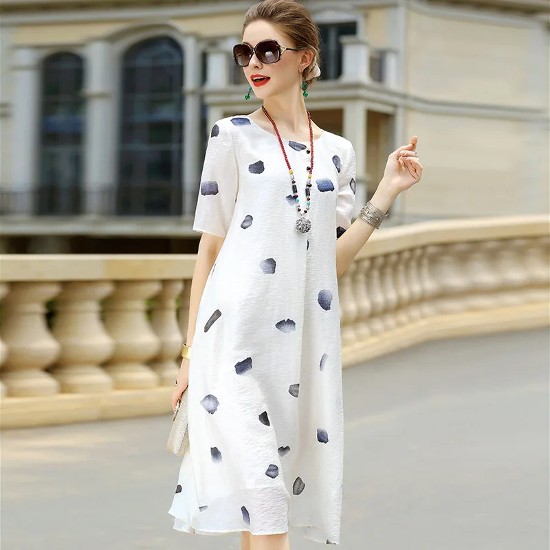 Женское льняное платье с принтом Длинное свободное белое большого размера для