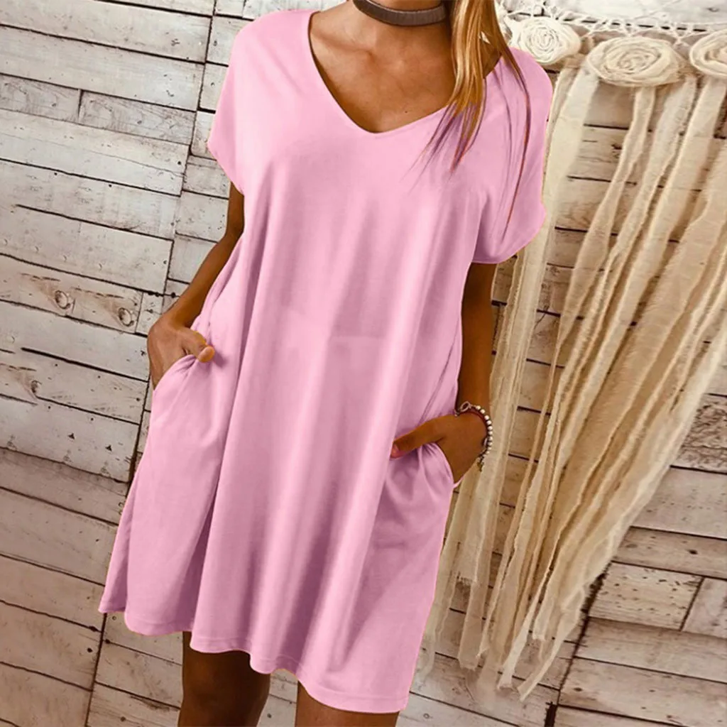 Летние платья для женщин праздника Boho сплошной цвет v-образный вырез девушек