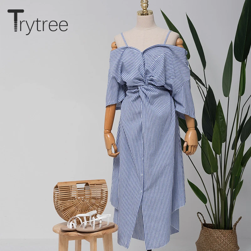 Trytree летнее осеннее платье женское повседневное Полосатое платье с v-образным вырезом и вырезом лодочкой платье-рубашка с эластичной талией однобортное платье трапециевидной формы