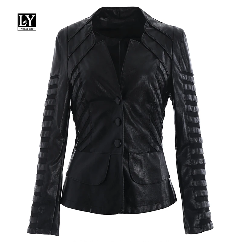 

Ly Varey Lin Women PU Leather Jacket Slim Faux Leather Punk Outwear Patchwork Black Biker Coat Plus Size 4XL Motorcycle Jacket
