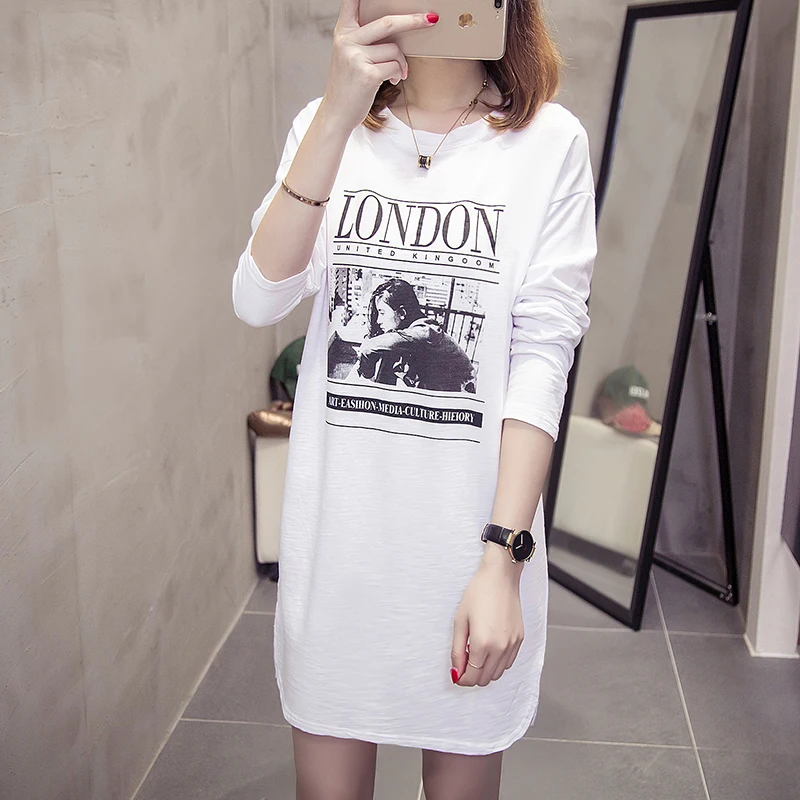 2018 г. осенние женские свободные Plus Size Printed Long футболка в Корейском стиле Harajuku