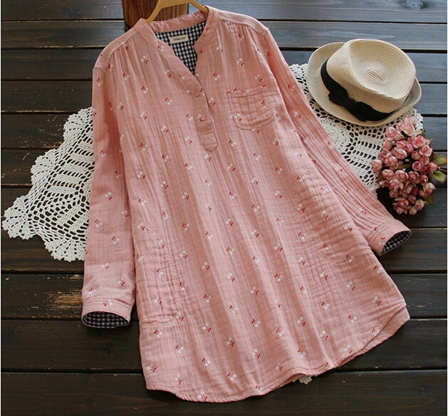 

Sweet cherry cotton yarn skin-friendly rustic long sleeve vintage shirt blouse 0023