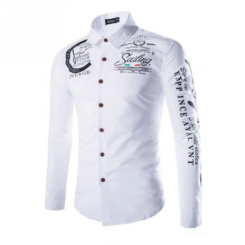 Модные Для мужчин рубашка с длинными рукавами отложной воротник буквы Футболка
