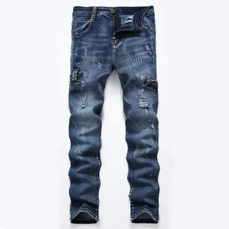 Fashion Ripped Jeans Men Patchwork Hollow Out Printed Beggar Cropped Pants Man Cowboys Denim Pants Male Jeans