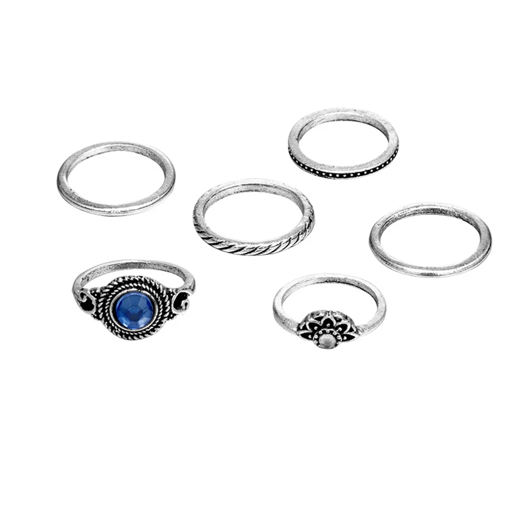 Free Fan 6Pcs/Set Bohemian Lotus Flower Women Ring Set Cheap Rhinestone Gem Joint Antique For Bague Femme | Украшения и